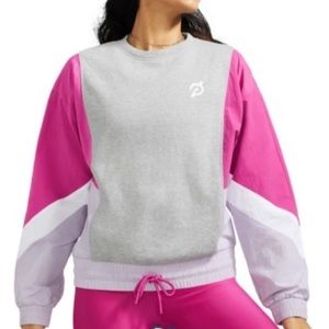 NWT PELOTON Chic Fabric Mix Pullover Windbreaker Sweater Pink Gray Workout Small